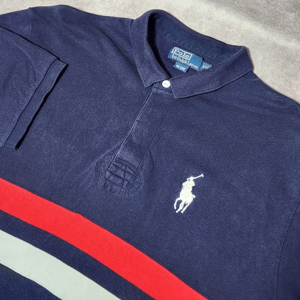 Polo Ralph Lauren XXL Big Pony Navy Blue Red White Striped Pique s/s Shirt Rugby
